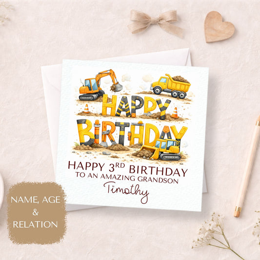Personalised Construction Birthday Card, Digger Truck Birthday Card