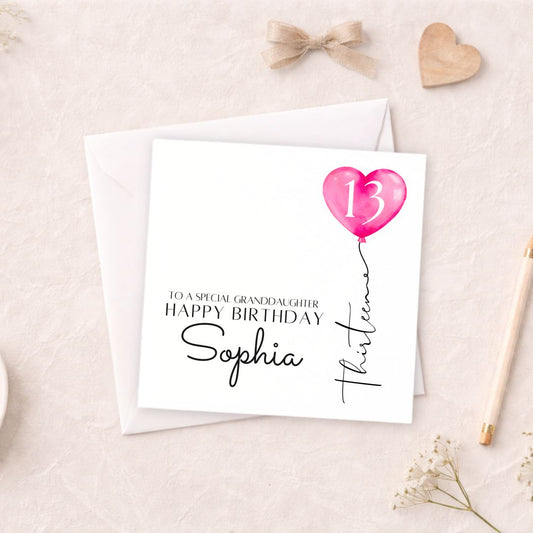 Personalised 13th Birthday Card - Pink Heart Balloon