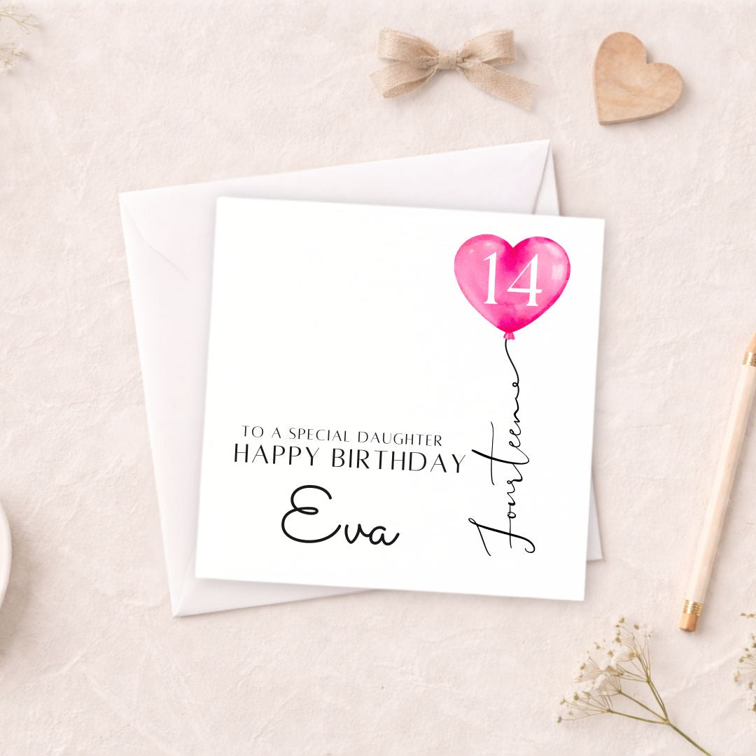 Personalised 14th Birthday Card - Pink Heart Balloon