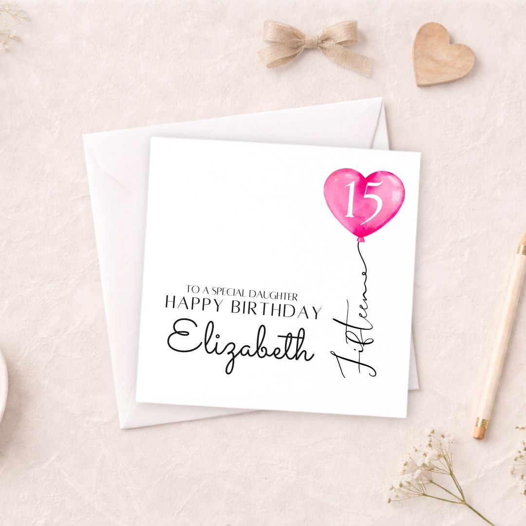 Personalised 15th Birthday Card - Pink Heart Balloon