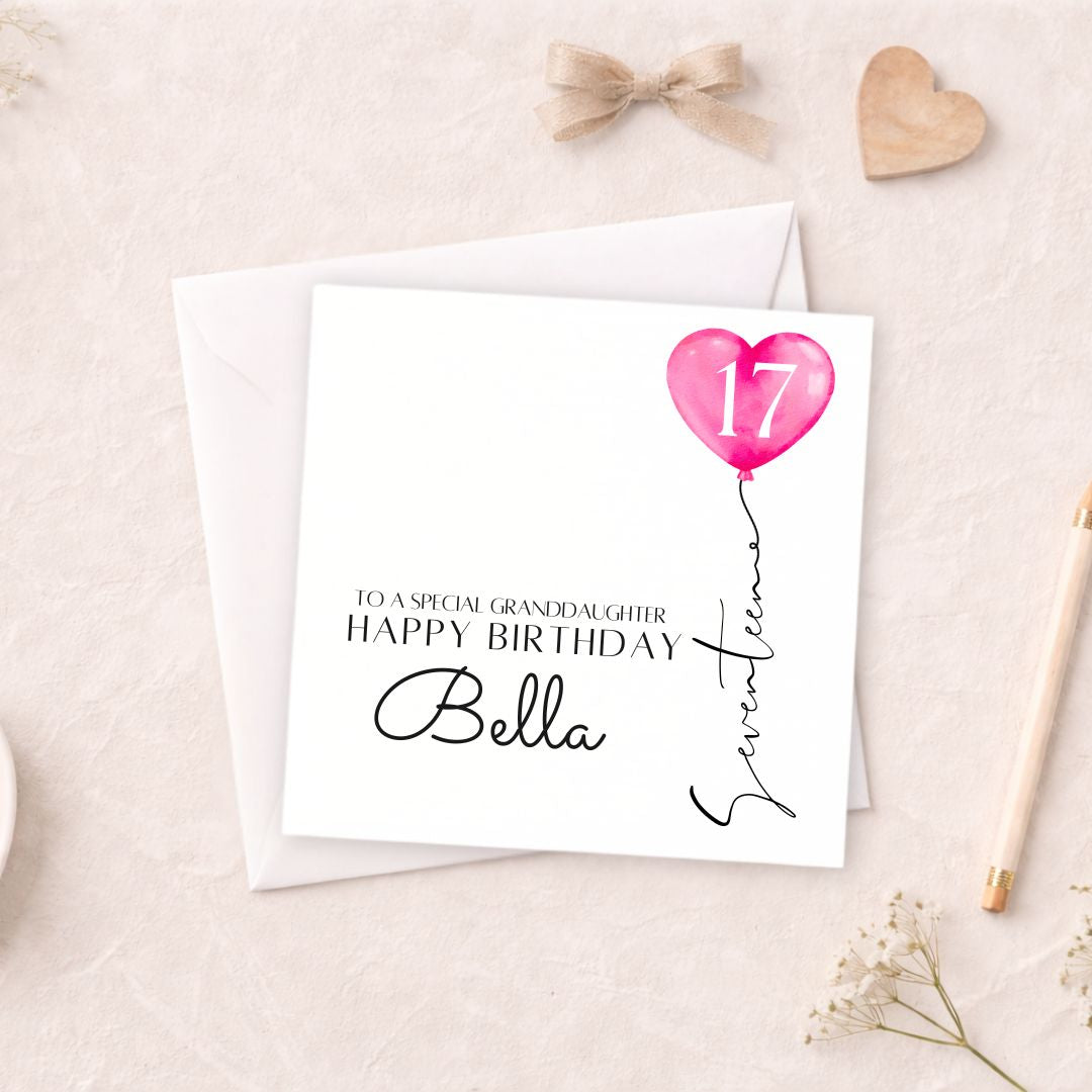 Personalised 17th Birthday Card - Pink Heart Balloon