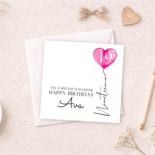 Personalised 19th Birthday Card - Pink Heart Balloon