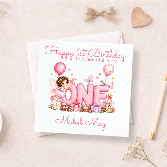Personalised 1st Birthday Card for Girls, Pink Fairy ONE Design