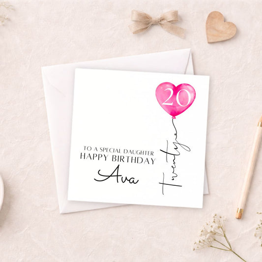 Personalised 20th Birthday Card - Pink Heart Balloon