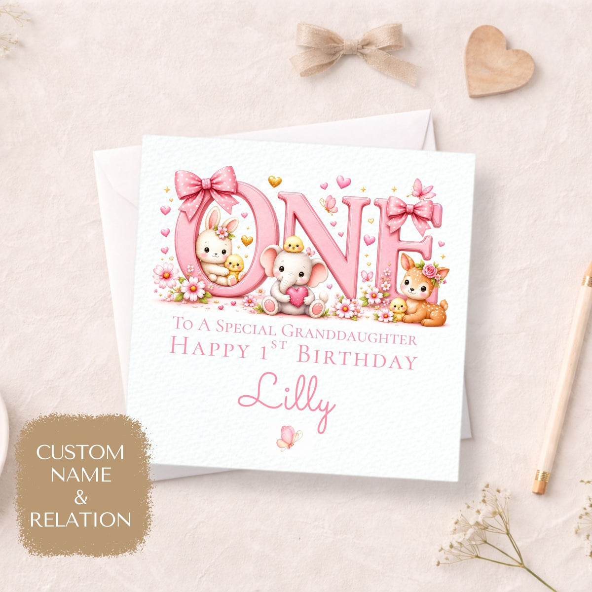 Personalised 1st Birthday Card for Girls, “ONE” Animal Design