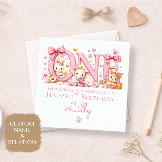 Personalised 1st Birthday Card for Girls, “ONE” Animal Design
