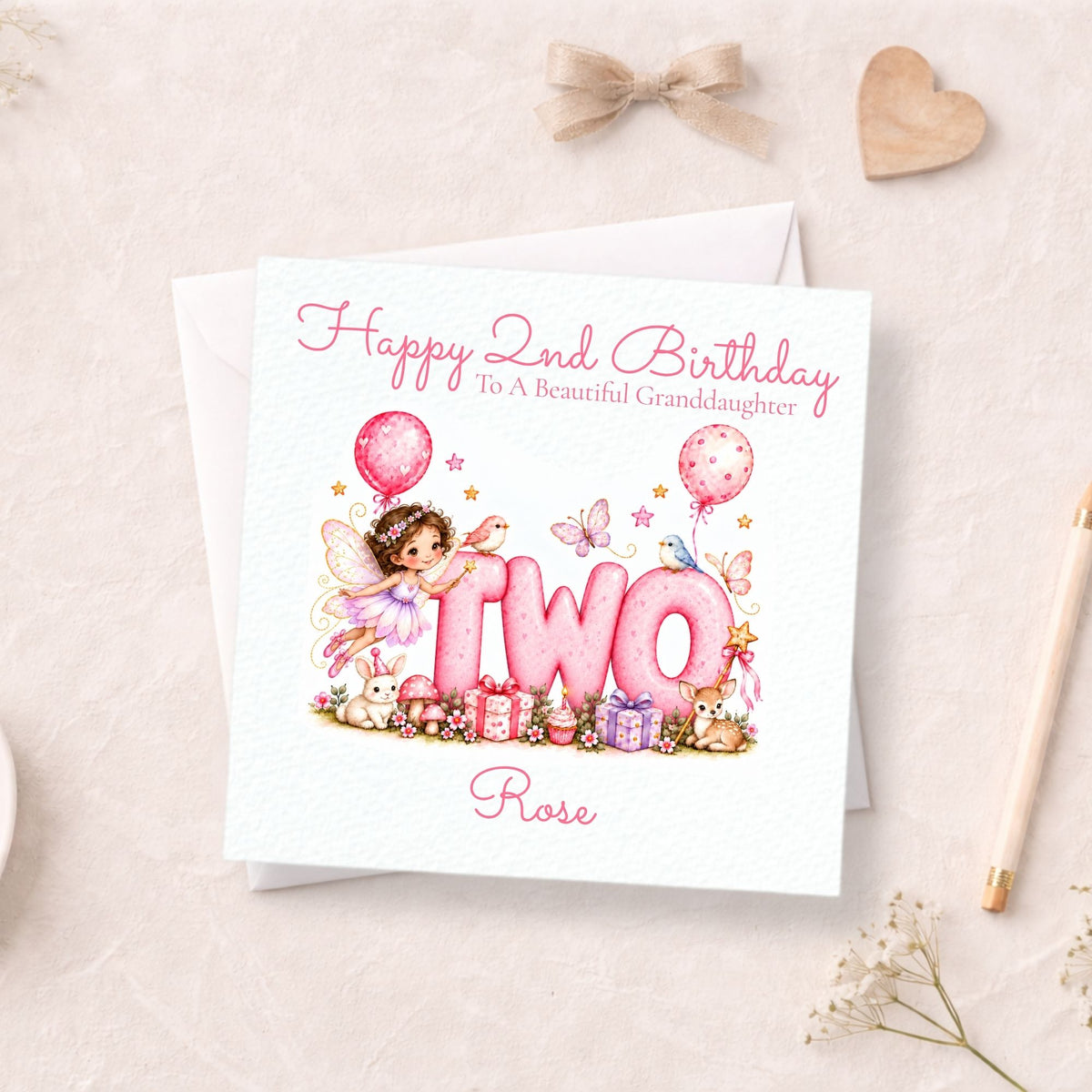 Personalised 2nd Birthday Card for Girls, Pink Fairy TWO Design