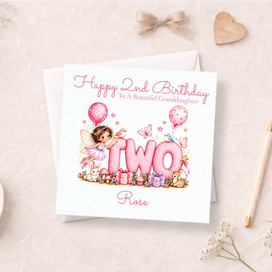 Personalised 2nd Birthday Card for Girls, Pink Fairy TWO Design