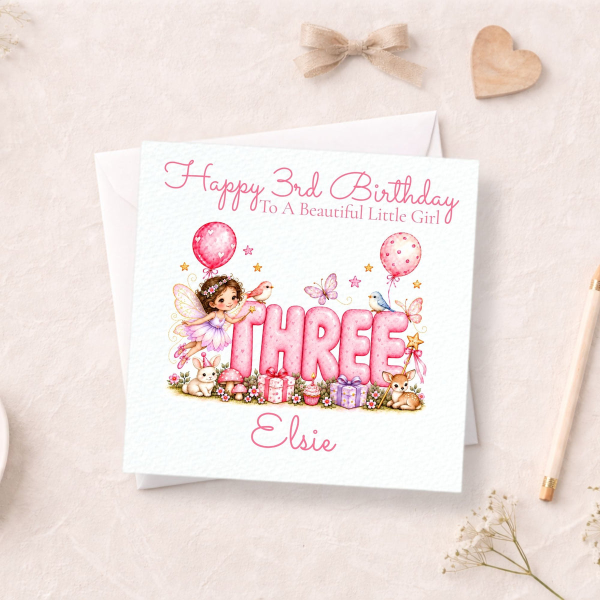 Personalised 3rd Birthday Card for Girls, Pink Fairy THREE Design