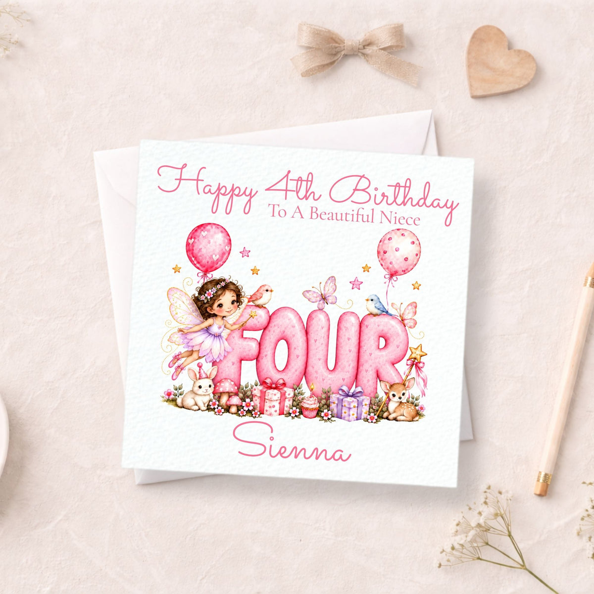 Personalised 4th Birthday Card for Girls, Pink Fairy FOUR Design