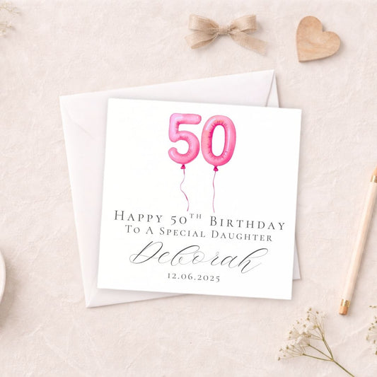 Personalised 50th Birthday Card - Pink Number Balloon Design