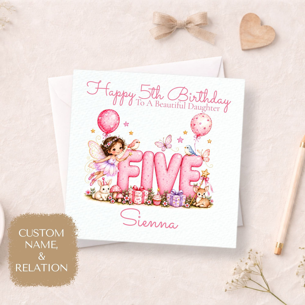 Personalised 5th Birthday Card for Girls, Pink Fairy FIVE Design