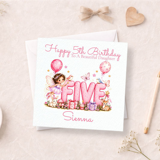 Personalised 5th Birthday Card for Girls, Pink Fairy FIVE Design