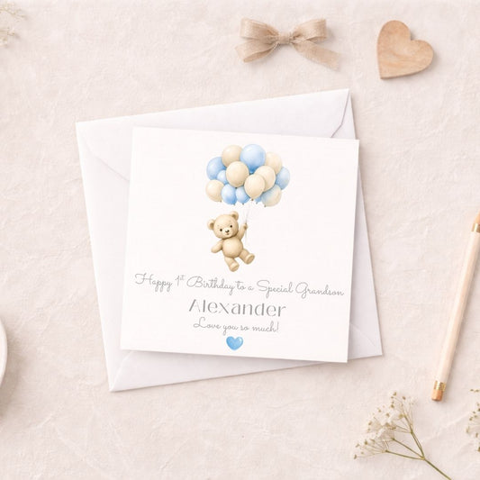 Personalised First Birthday Card for Baby, Teddy & Balloons