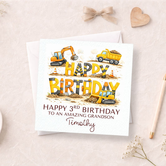 Personalised Construction Birthday Card, Digger Truck Birthday Card
