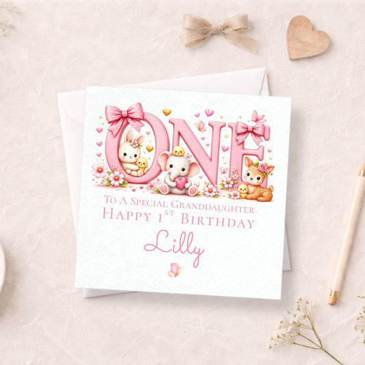 Personalised 1st Birthday Card for Girls, “ONE” Animal Design