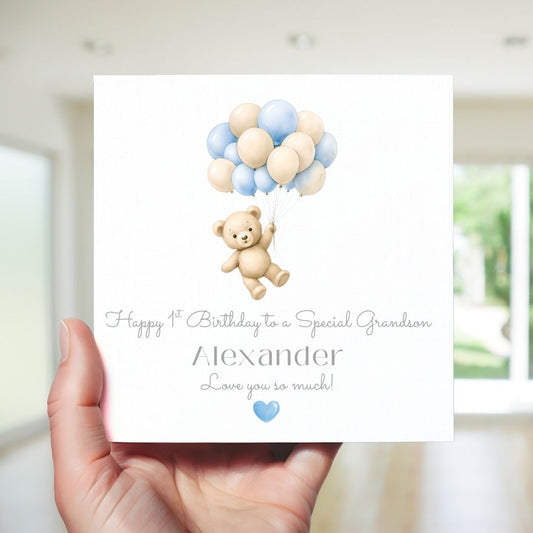 Personalised First Birthday Card for Baby – Teddy & Balloons