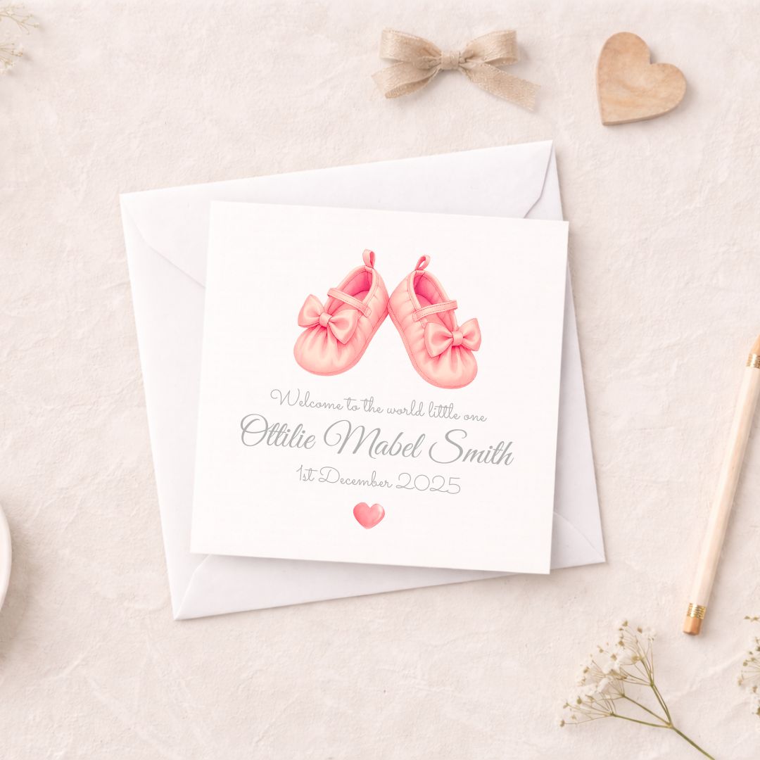 Personalised New Baby Girl Card - Pink Baby Shoes