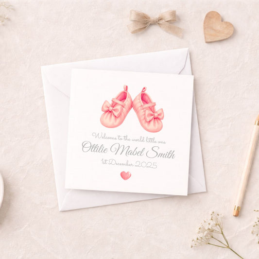 Personalised New Baby Girl Card - Pink Baby Shoes