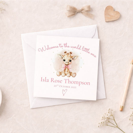 Personalised New Baby Girl Card - Giraffe Illustration