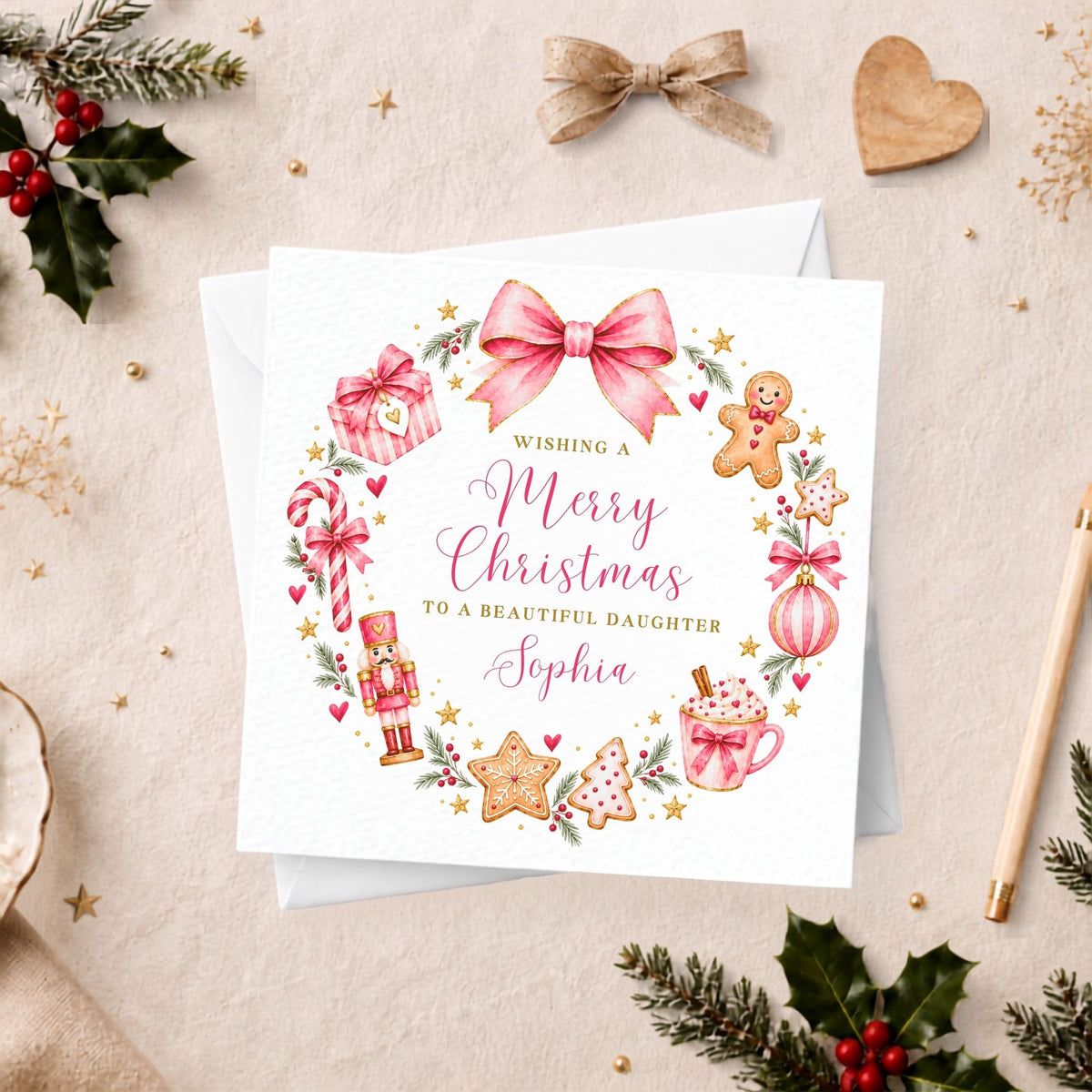 Personalised Pink Christmas Card for Her