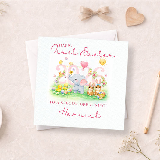 Personalised First Easter Card 2026 - Cute Bunny & Elephant Easter Card