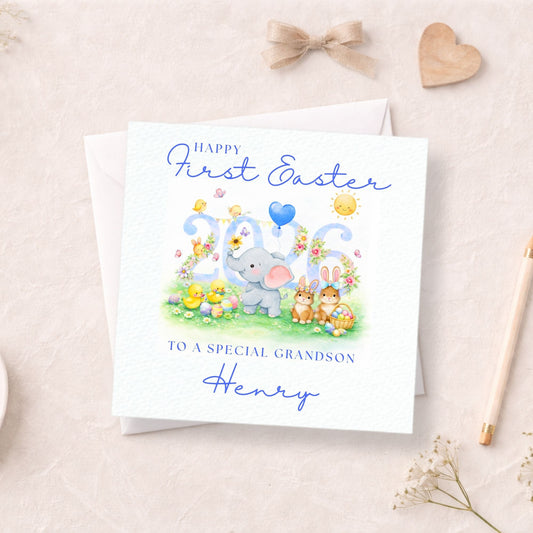 Personalised First Easter Card 2026 - Cute Bunny & Elephant Easter Card - Blue