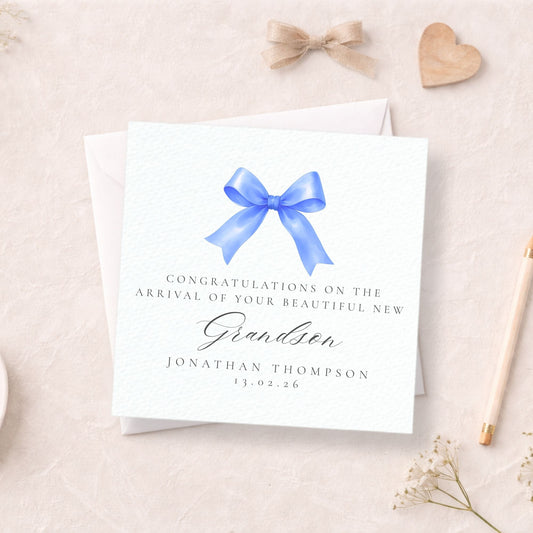 Personalised New Baby Card - Blue Bow Baby Congratulations Card