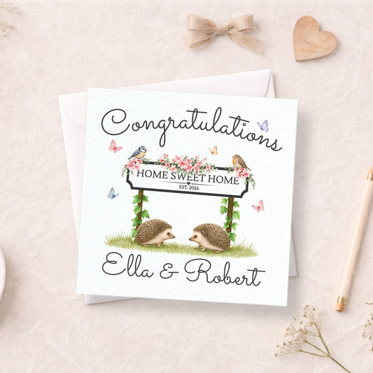 Personalised New Home Card, Hedgehogs & Home Sweet Home Sign