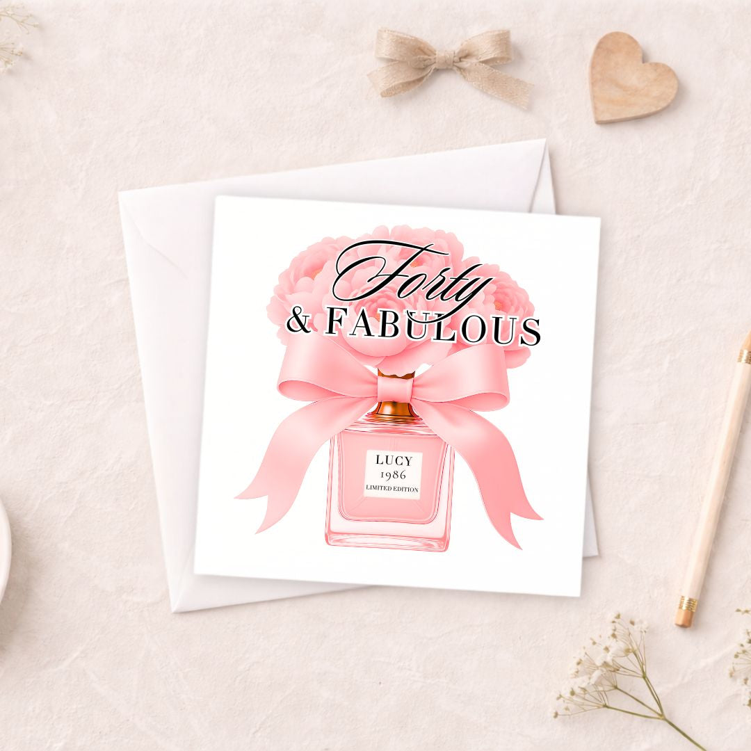 Personalised 40th Birthday Card - Forty & Fabulous Perfume Bottle Design