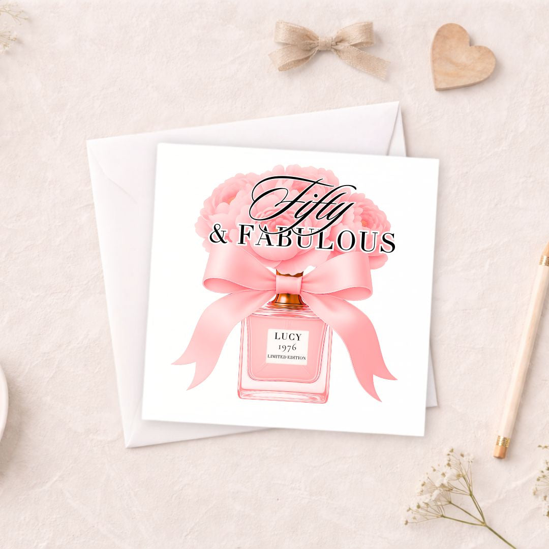 Personalised 50th Birthday Card - Fifty & Fabulous Perfume Bottle Design