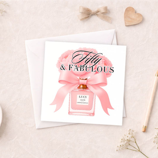 Personalised 50th Birthday Card - Fifty & Fabulous Perfume Bottle Design