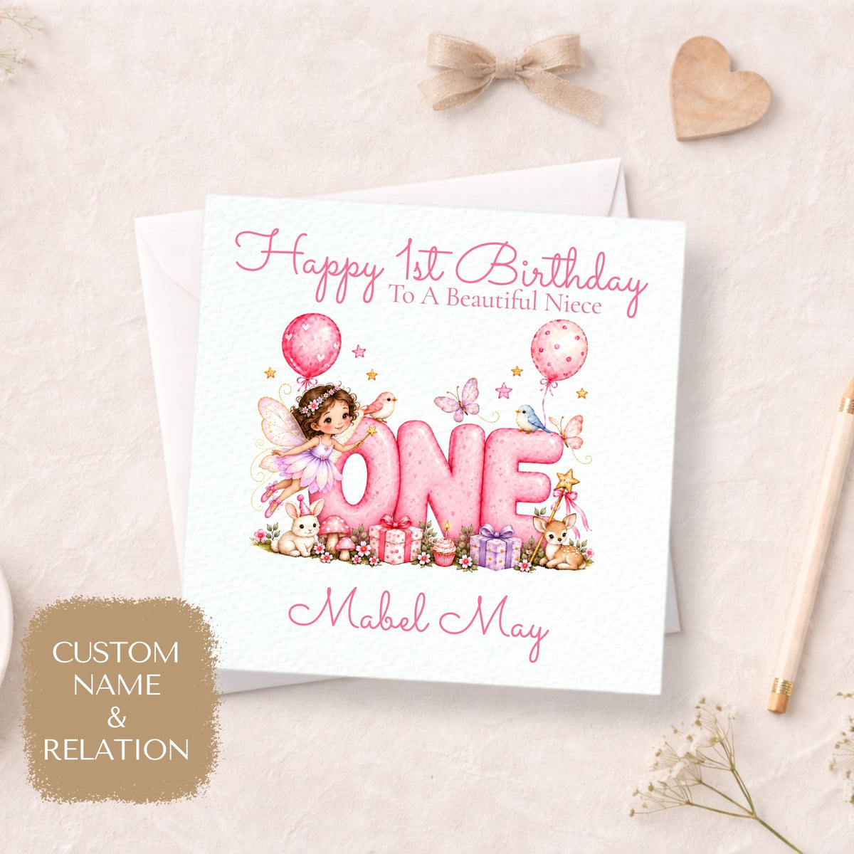 Personalised 1st Birthday Card for Girls, Pink Fairy ONE Design
