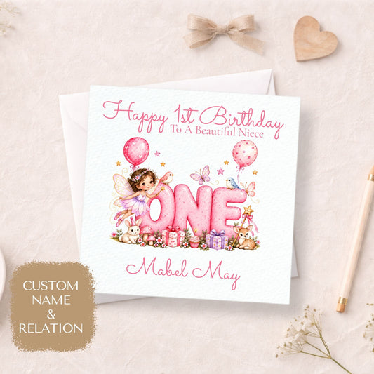 Personalised 1st Birthday Card for Girls, Pink Fairy ONE Design