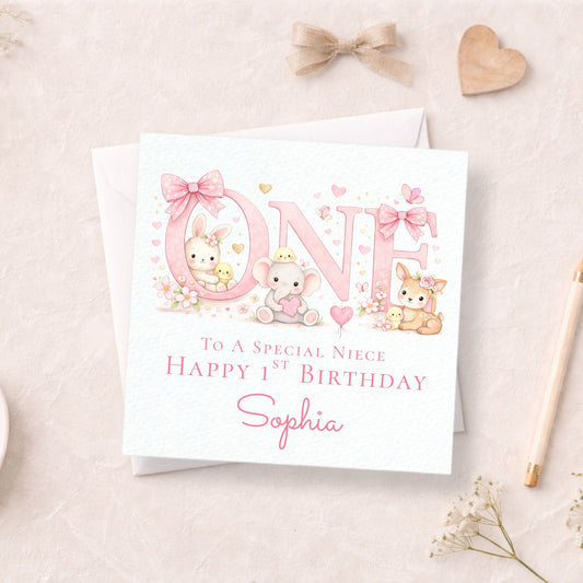 Personalised 1st Birthday Card for Girls, “ONE” Animal Design