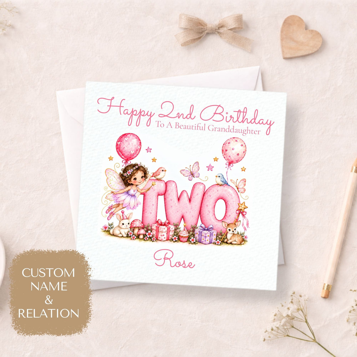 Personalised 2nd Birthday Card for Girls, Pink Fairy TWO Design