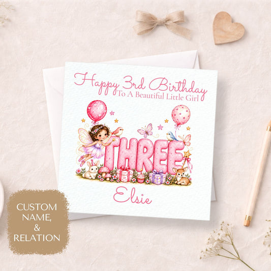 Personalised 3rd Birthday Card for Girls, Pink Fairy THREE Design