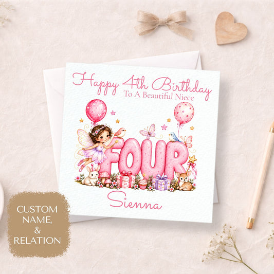 Personalised 4th Birthday Card for Girls, Pink Fairy FOUR Design